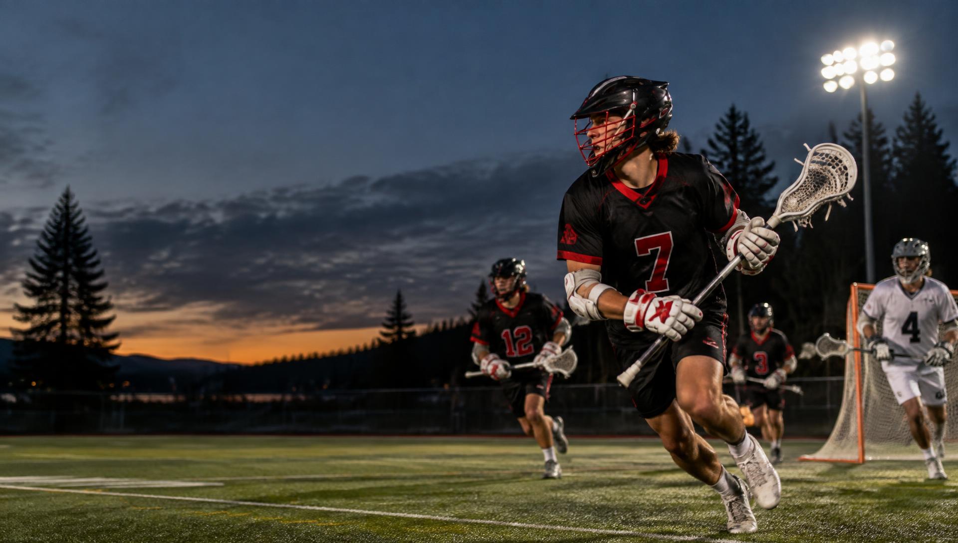Lacrosse players competing under stadium lights
